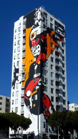 High-rise facade mural with bold abstract graphic forms