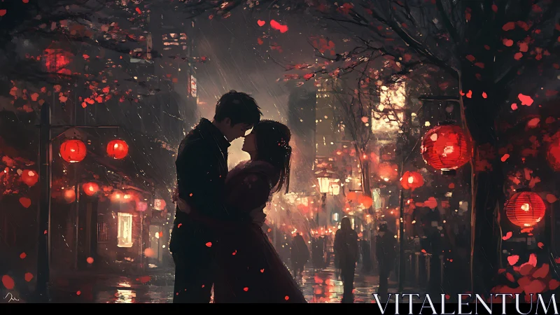 Passionate Romance Beneath Red Lanterns in Urban Night