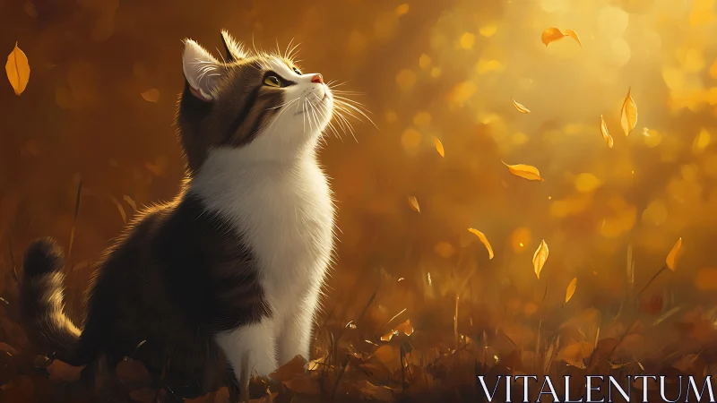 Cat gazes upward amid falling autumn leaves in golden light