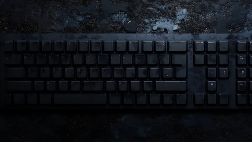 Full-size black keyboard on dark textured surface.