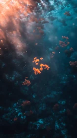 Soft ember blooms drifting through a quiet blue dreamscape.