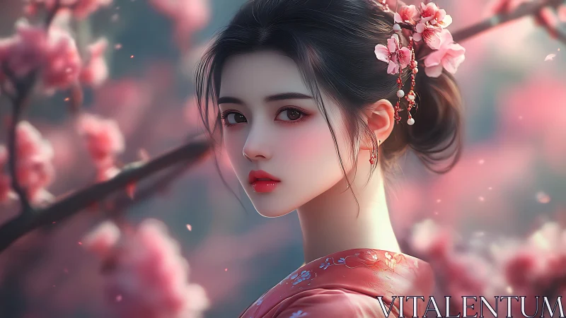 Kimono beauty framed by soft-focus cherry blossoms glow.