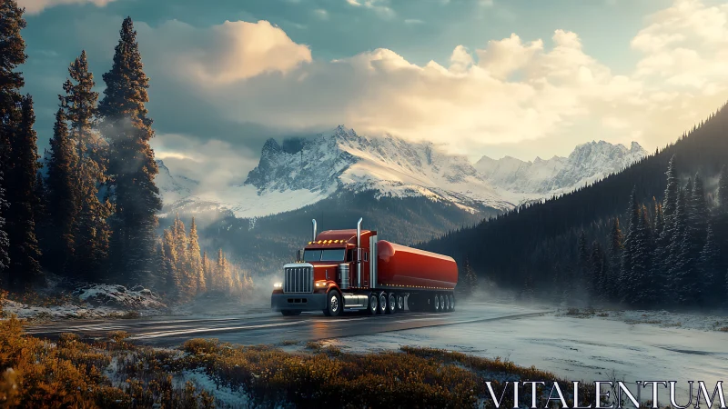 Red semi truck on winter highway below snowy mountains.