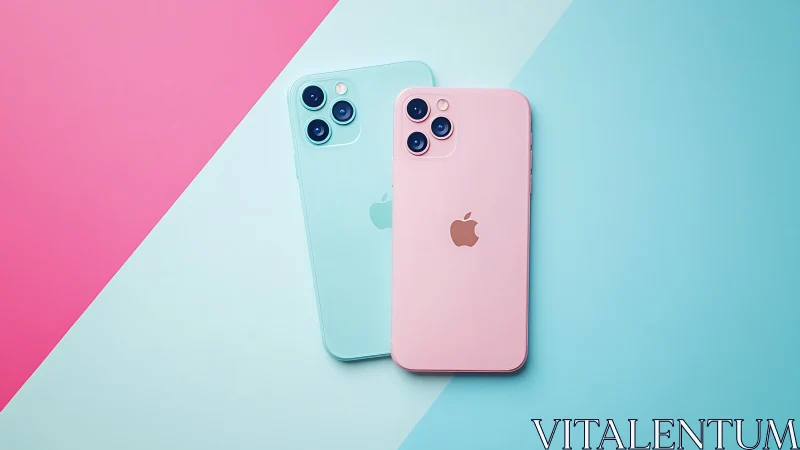 Pastel iPhone Models Showcase: Dual Smartphone Rendering with Color-Blocked Background