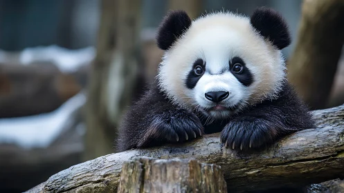 Baby panda rests on log with soft winter light glow.