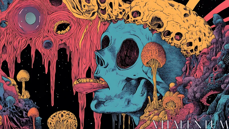 Psychedelic cyan skull crowned with melting fungal cosmos.