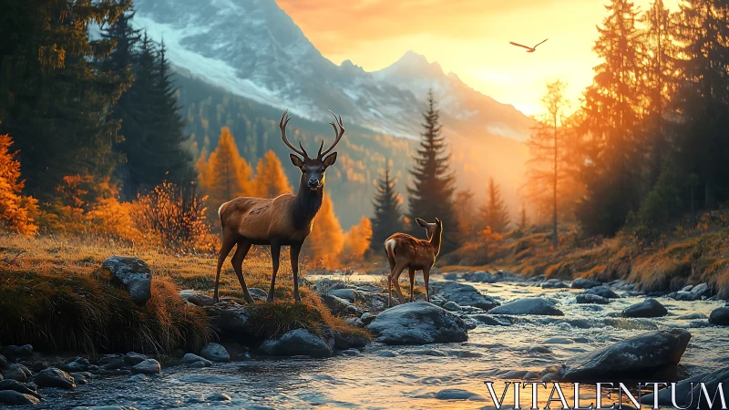 Cervid pair in alpine river corridor under thermal sunset glow.