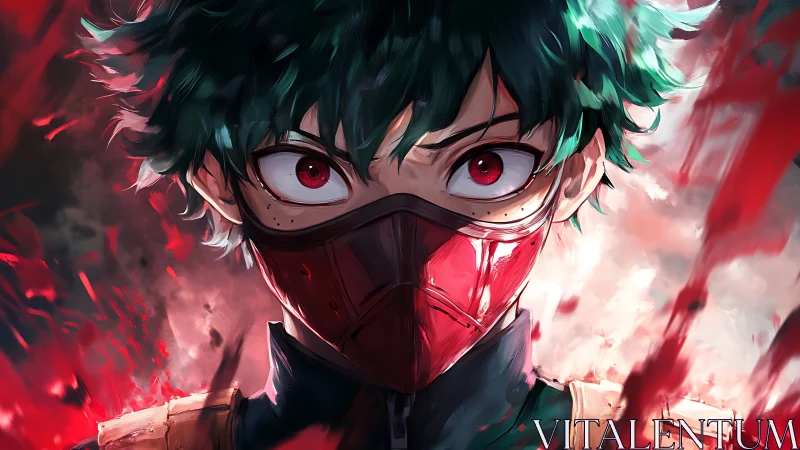 Masked hero in crimson storm, eyes blazing with resolve.