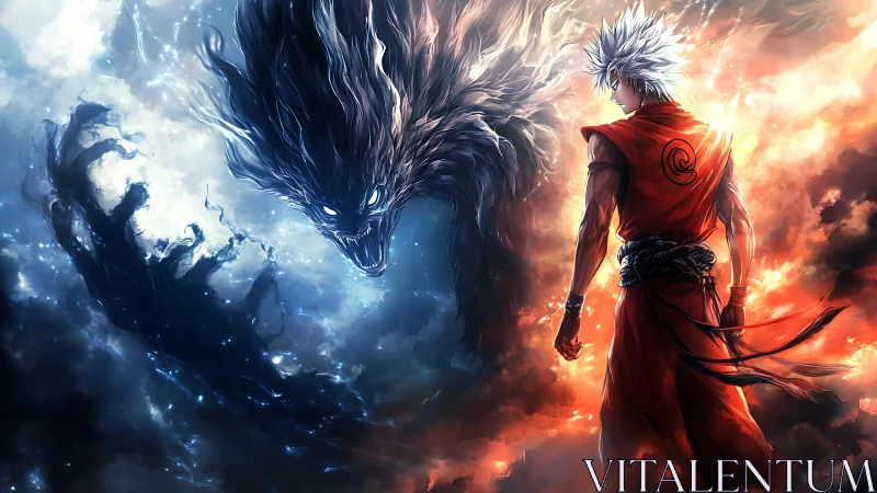 Elemental duel: anime warrior facing spectral storm beast.