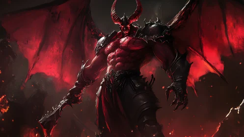 Winged demonic warrior in red-lit infernal environment.