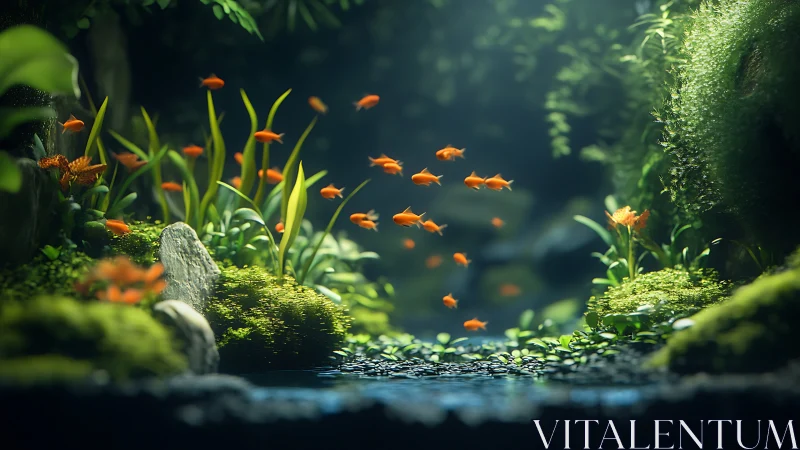Micro-aquatic biotope with schooling orange fish in soft bokeh.