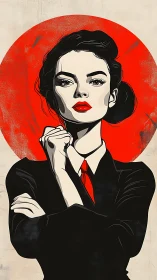 Crimson halo of resolve around a sharply suited heroine.