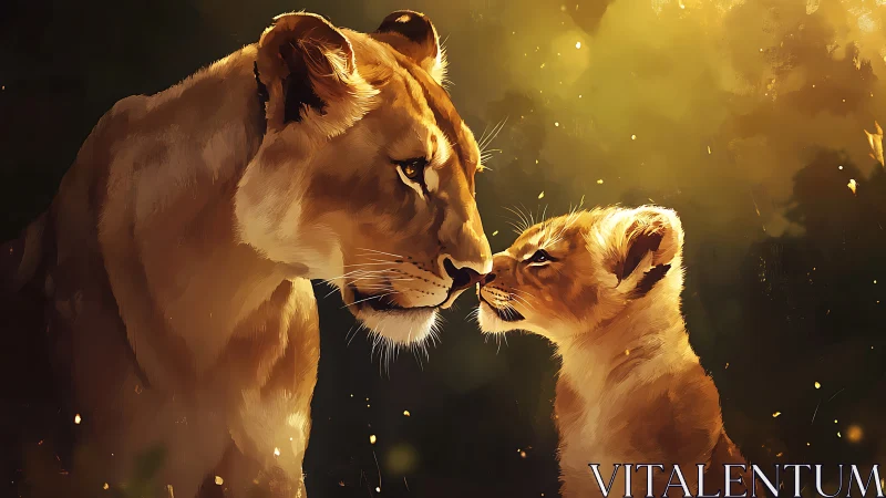 Lioness and Cub Interaction in Golden Light