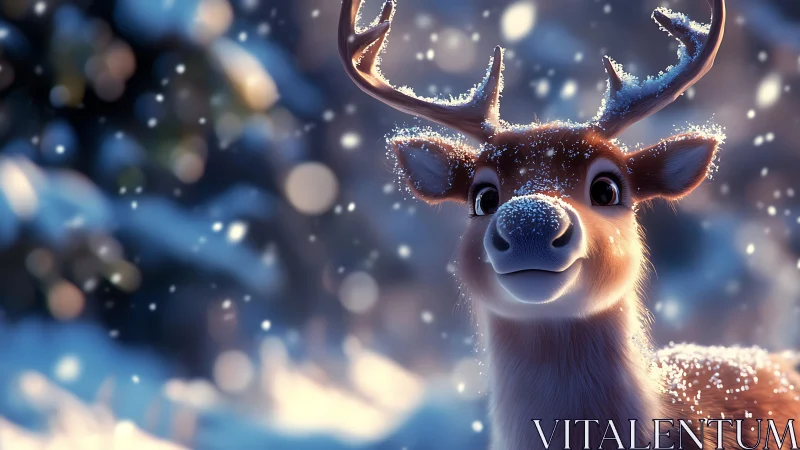 Snowy cartoon reindeer glows under soft winter bokeh light.
