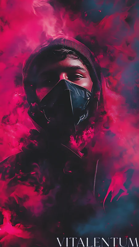Masked figure emerges through neon magenta smoke shroud.