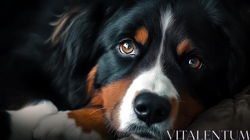 Bernese mountain dog portrait with luminous soulful eyes.
