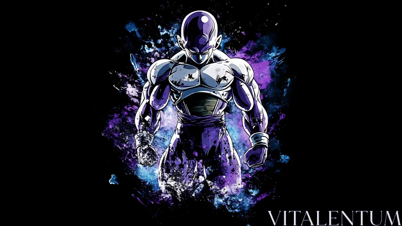 Armored alien warrior in electric purple cosmic burst.