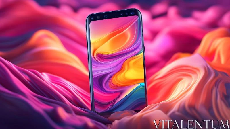 Modern smartphone standing on vibrant abstract colorful waves.