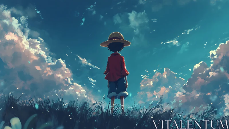 Figure in straw hat observing distant cloud-filled sky.