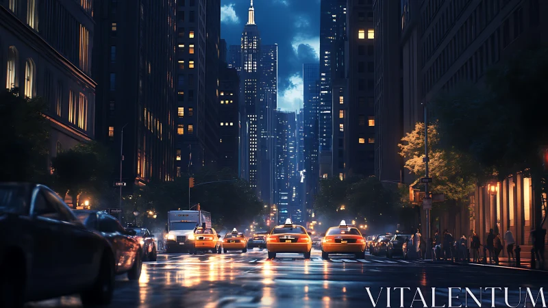 Wet downtown avenue renders reflective night traffic and cabs