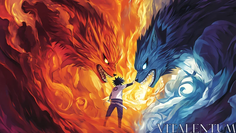 Human figure between opposing fiery and icy wolf forms.