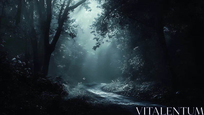 Misty Forest Path with Ethereal Light.