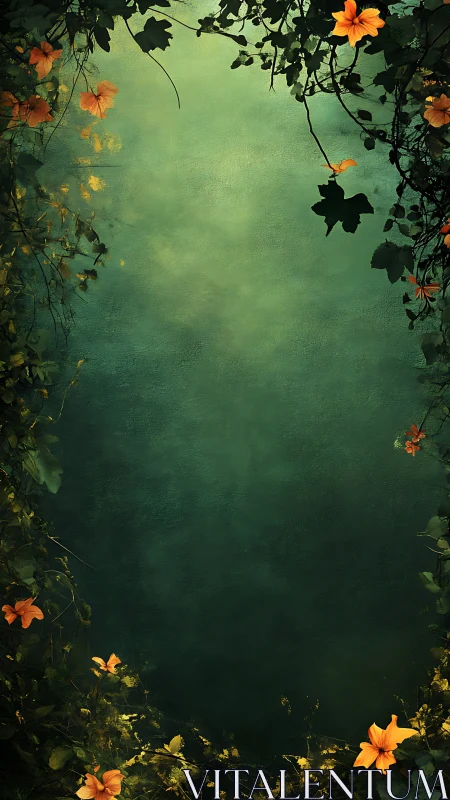 Quiet forest doorway framed in soft green and gold blooms.