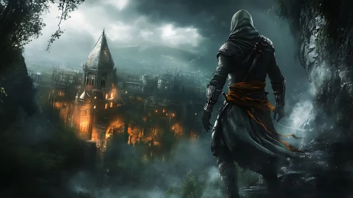 Hooded rogue studies burning cathedral city from cliff edge