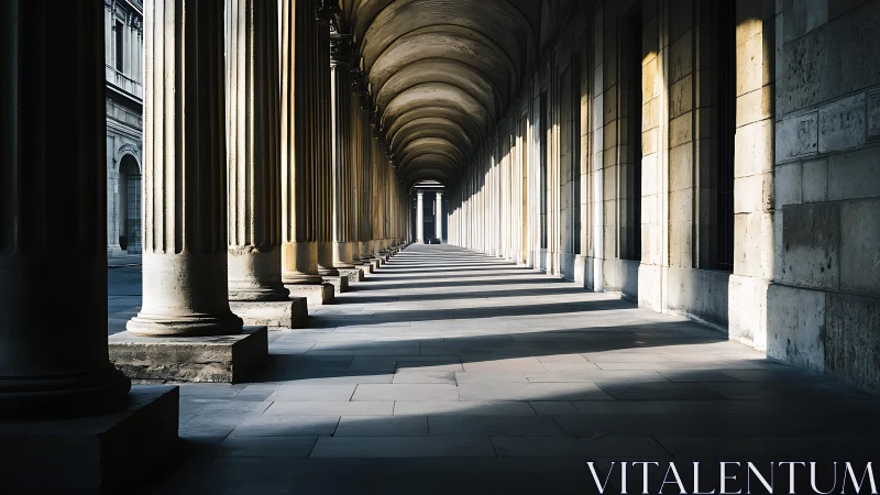 Sunlit classical colonnade with long receding shadows.