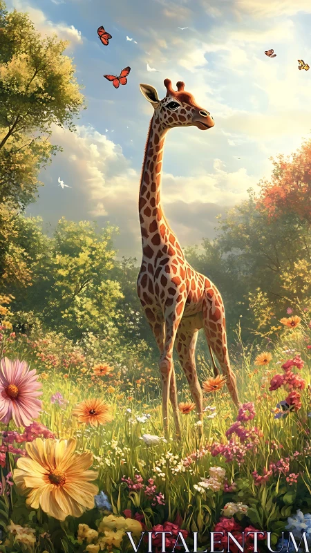 Young giraffe stands in wildflower meadow under bright sky