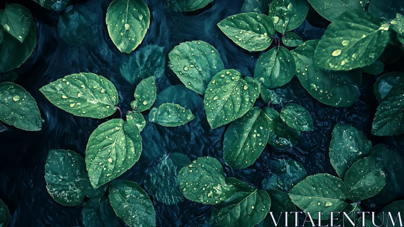 Overhead macro of rain-speckled green foliage on dark water