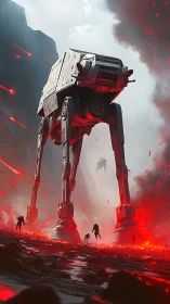 Colossal walker strides through fiery battlefield valley.