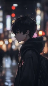 Brooding youth drifts through neon city lights at night.