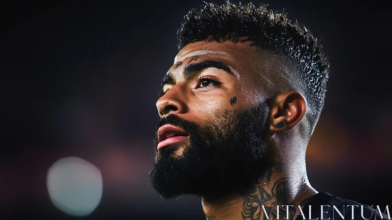 Sweat‑lit athlete portrait under stadium bokeh lighting