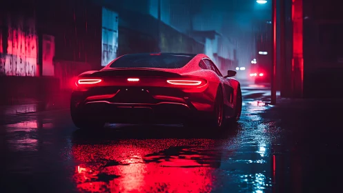 Midnight red sports car gliding through neon city rain.