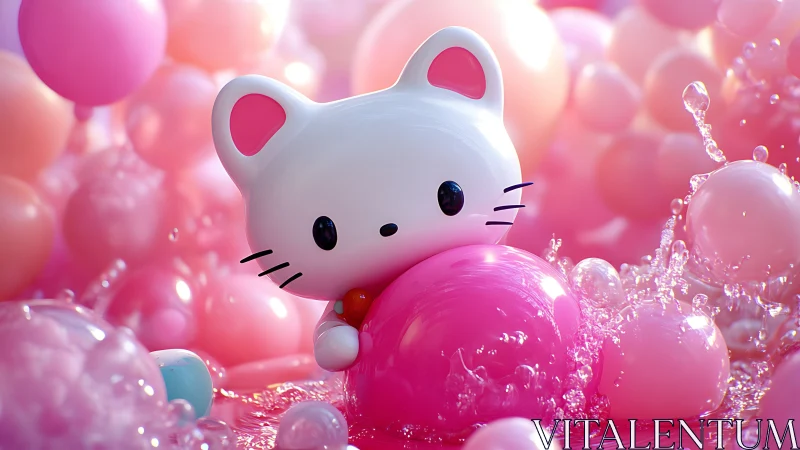 White cartoon cat figure among glossy pink balloons.