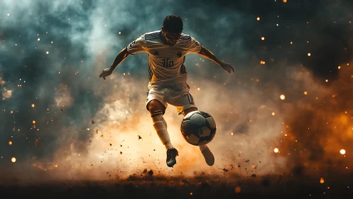 Soccer striker drives ball through explosive smoky arena.