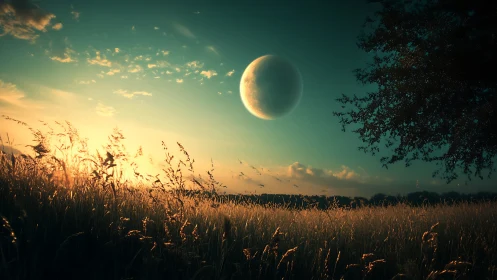 Distant celestial body over backlit field at low sun angle