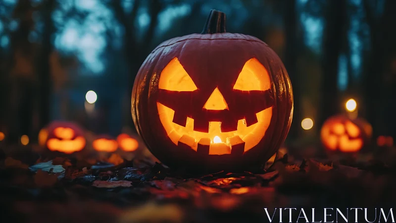 Glowing jack-o’-lanterns illuminate a shallow-depth forest scene