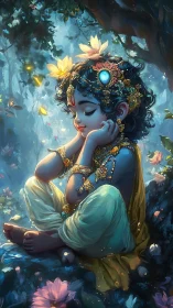 Serene blue child in jeweled attire resting in forest.