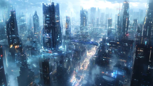 High-altitude panorama captures luminous cyberpunk megacity skyline