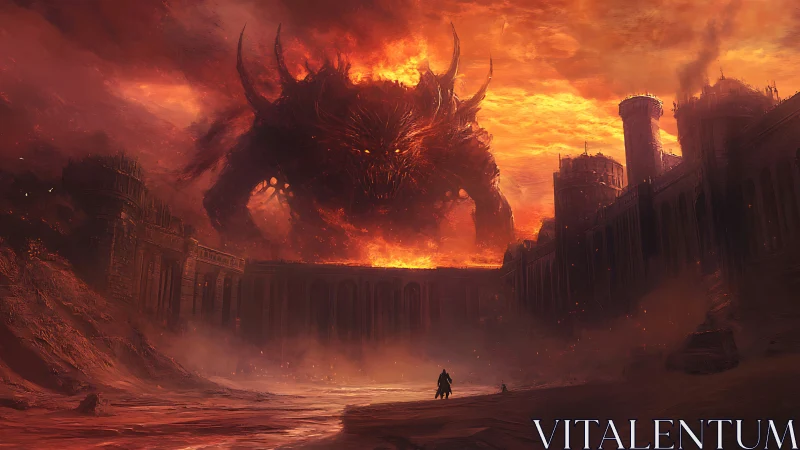 Colossal fire demon looms over fortress in apocalyptic dusk