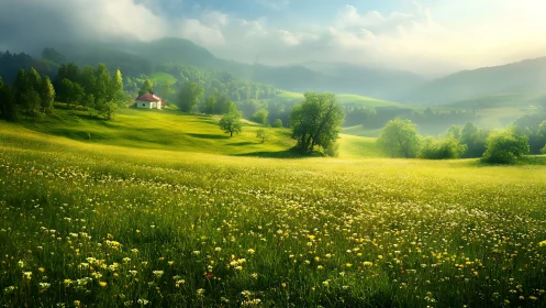Sunlit wildflower meadow with distant cottage and rolling hills
