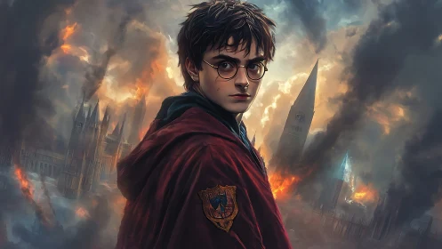 Storm-eyed young wizard amid burning gothic battlements.