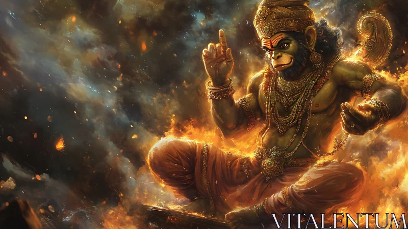 Mythic monkey warrior seated in flames with ornate jewelry.