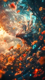 Whimsical spirit swirling through bioluminescent blossoms.