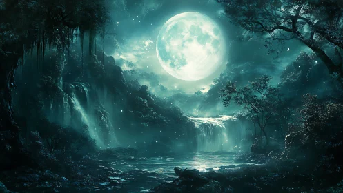 Digital painting of lunar-lit waterfalls in mystical forestscape.