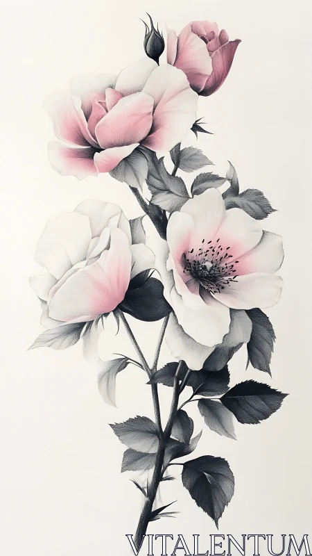 Soft pink wild roses rendered in delicate ink gradients.