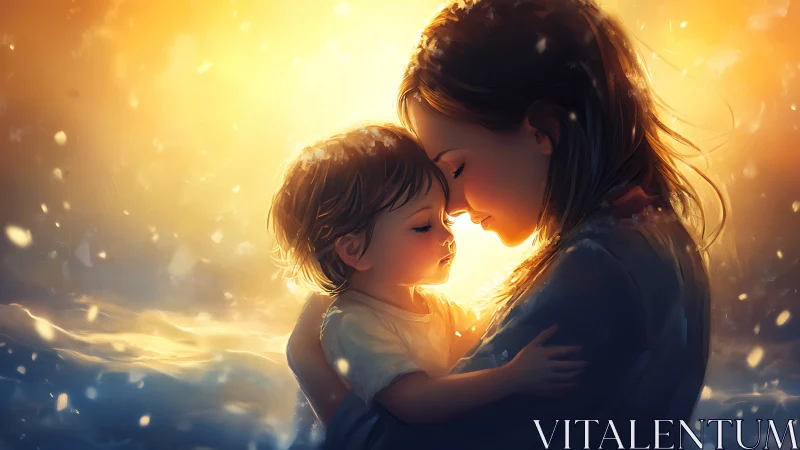 Woman holding child in golden light environment