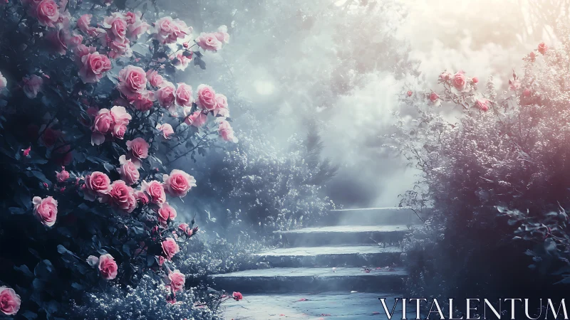 Pink roses frame an ethereal garden pathway bathed in mystical light and mist.